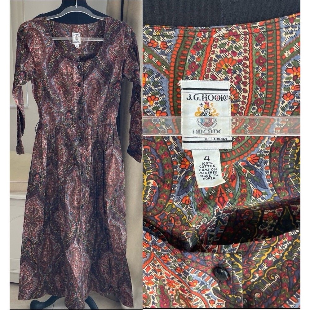 Vtg 80s J. G. HOOK Liberty  Dress Paisley Long Sleeve Button Down Sz 4